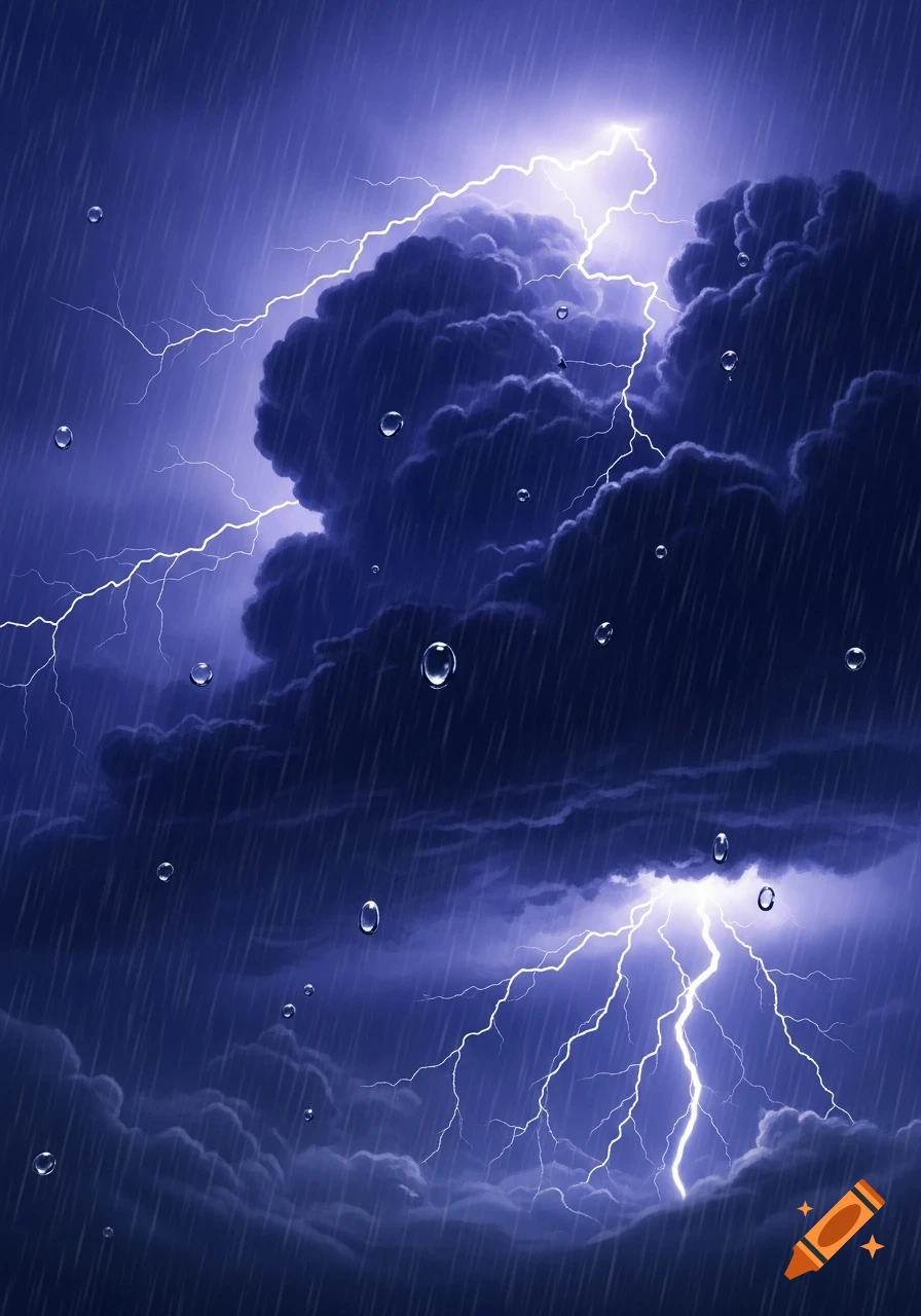 A dark blue, stormy sky with heavy rain, bright white lightning strikes, and large clear water droplets in the foreground.