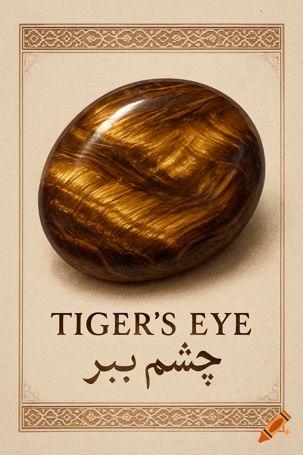 A polished tiger's eye gemstone on a beige card with an ornate border and the words 'Tiger's Eye' in English and Persian.