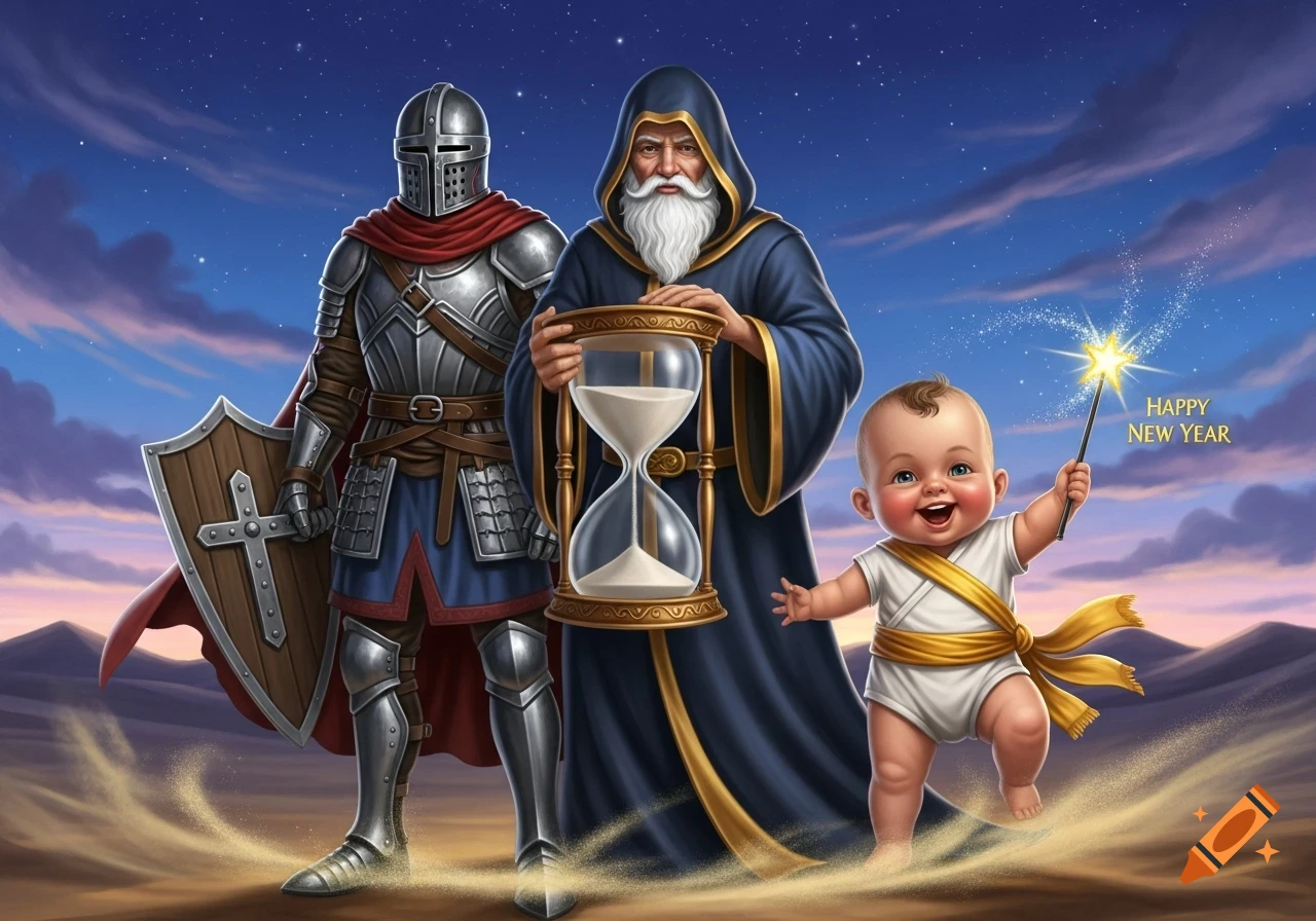 A detailed illustration of a knight, Father Time with an hourglass, and Baby New Year holding a 'Happy New Year' wand in a desert setting.