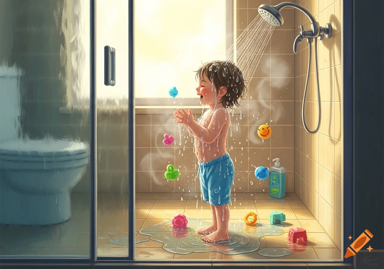 A cheerful child with brown hair, wearing blue shorts, joyfully plays in a shower with colorful bath toys in an illustrated style.