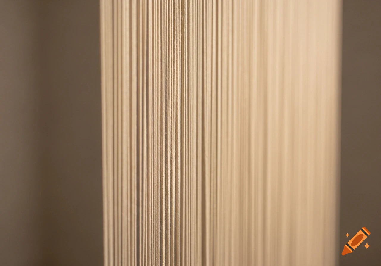 A minimalist, artistic close-up of vertical hanging natural fiber threads with warm soft lighting and a shallow depth of field.