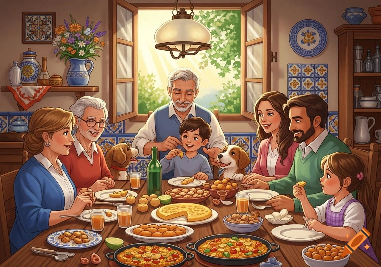 An illustrated scene of a happy, multigenerational family, including two dogs, enjoying a meal together at a dining table.