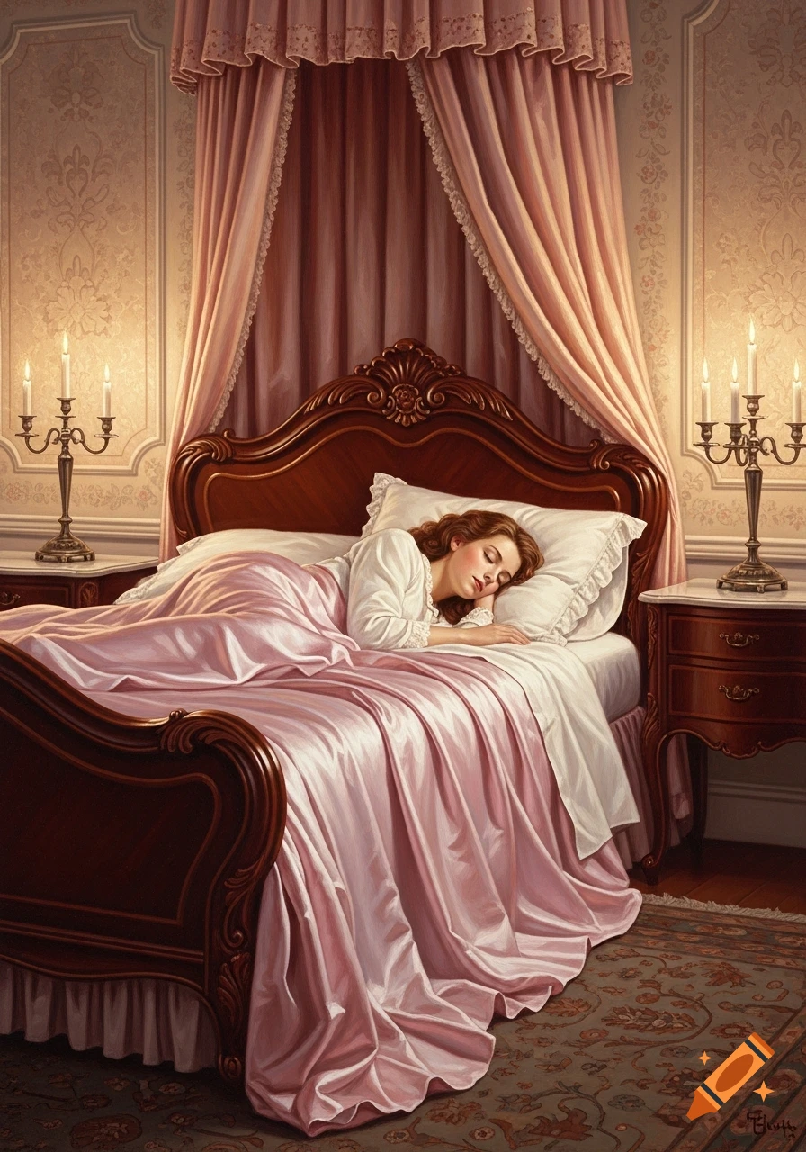 An oil painting depicting a woman sleeping peacefully in a large, ornate Victorian bed with pink covers and white sheets.