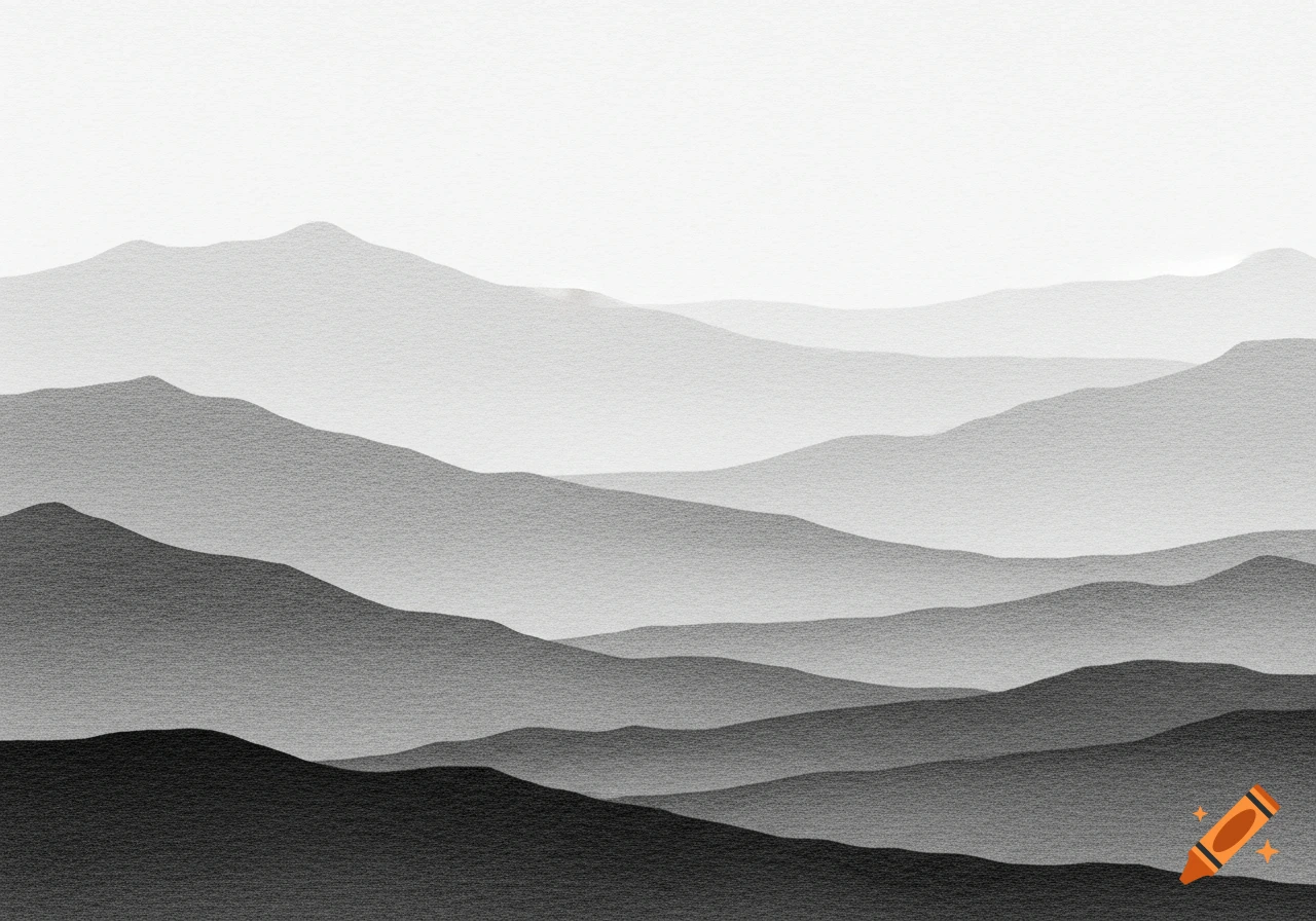 Layered grayscale mountain landscape with a minimalist, textured art style.