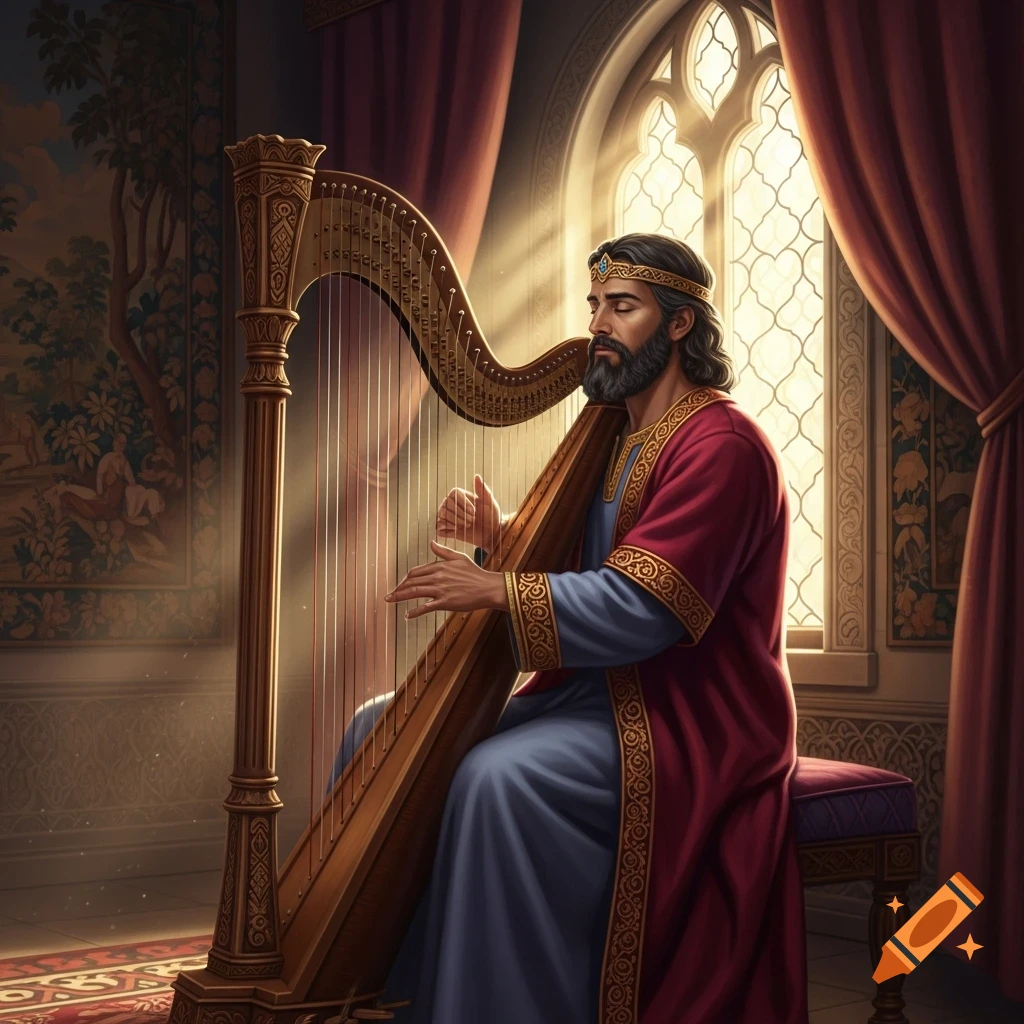 Bearded King David in regal robes plays a golden harp in a sunlit, ornate room.