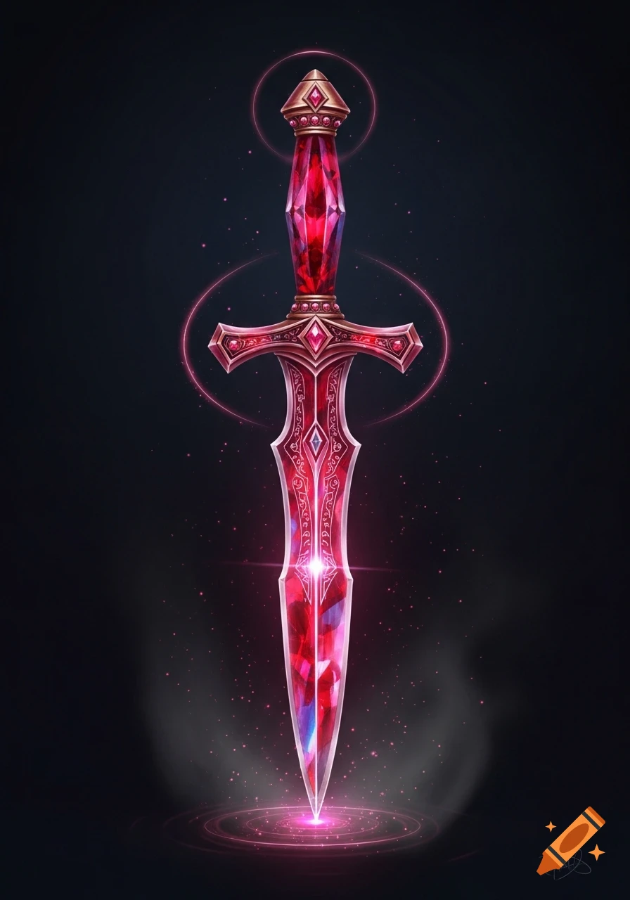Vibrant red ruby dagger with golden hilt and intricate details, glowing with a magical pink aura on a dark background.