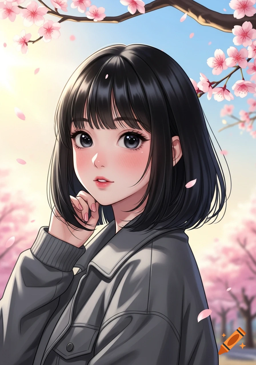 Anime girl with short black hair and a grey jacket, posing among pink cherry blossoms.