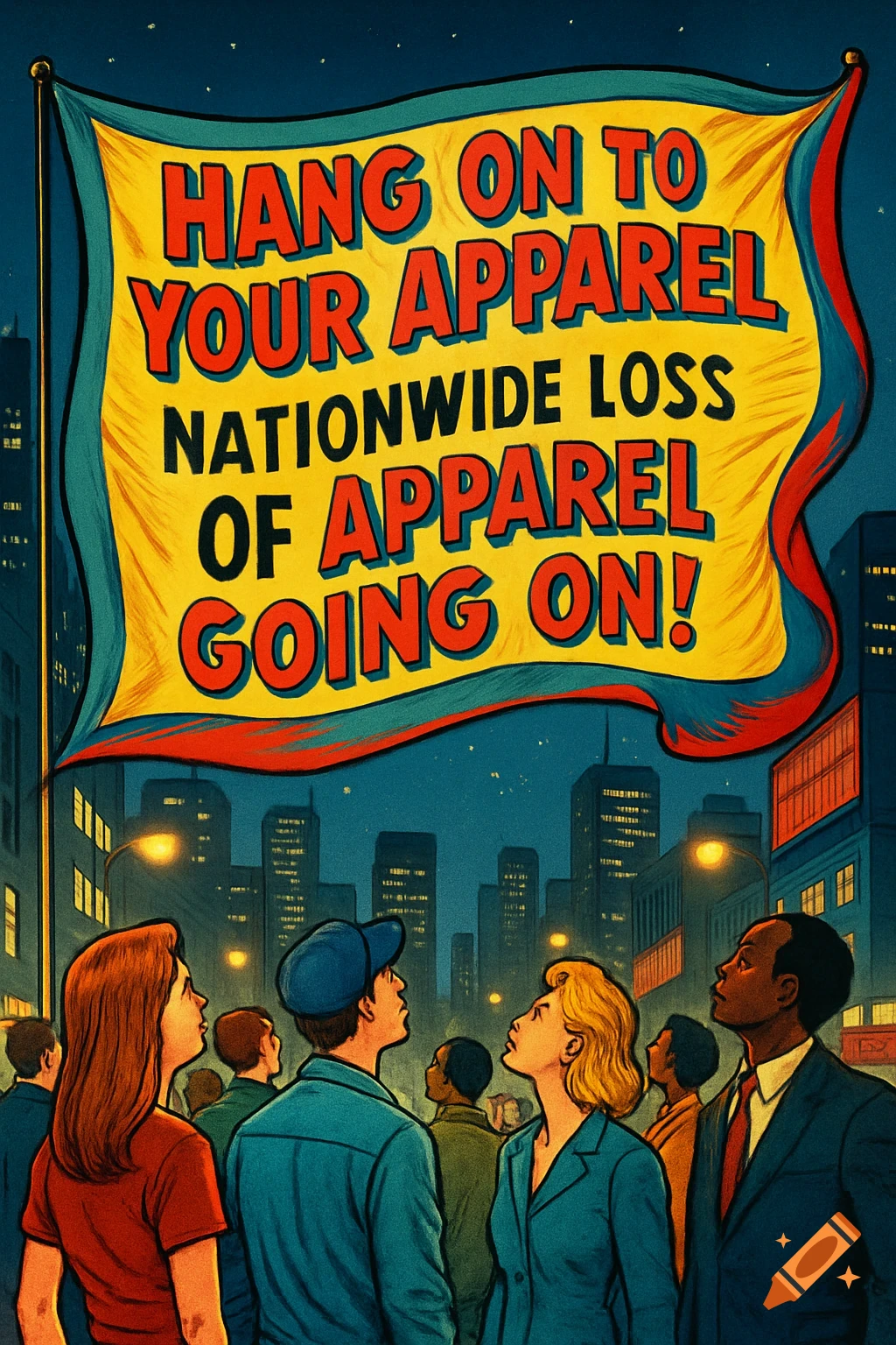 Stylized illustration of a crowd in a city at night looking up at a banner saying: "Hang on to your apparel - nationwide loss of apparel going on!"