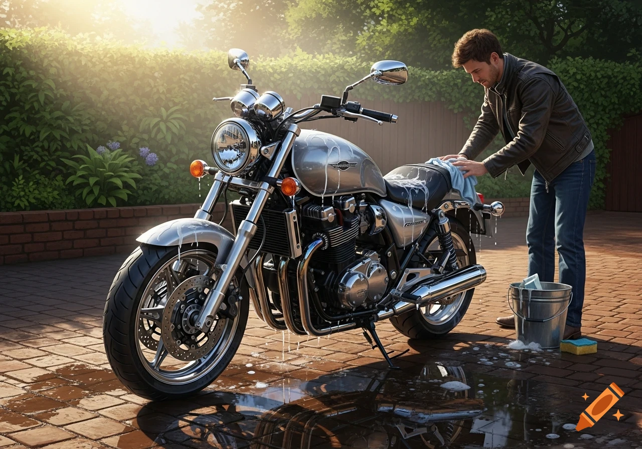 A man in a leather jacket washes a silver motorcycle on a brick patio in golden sunlight.