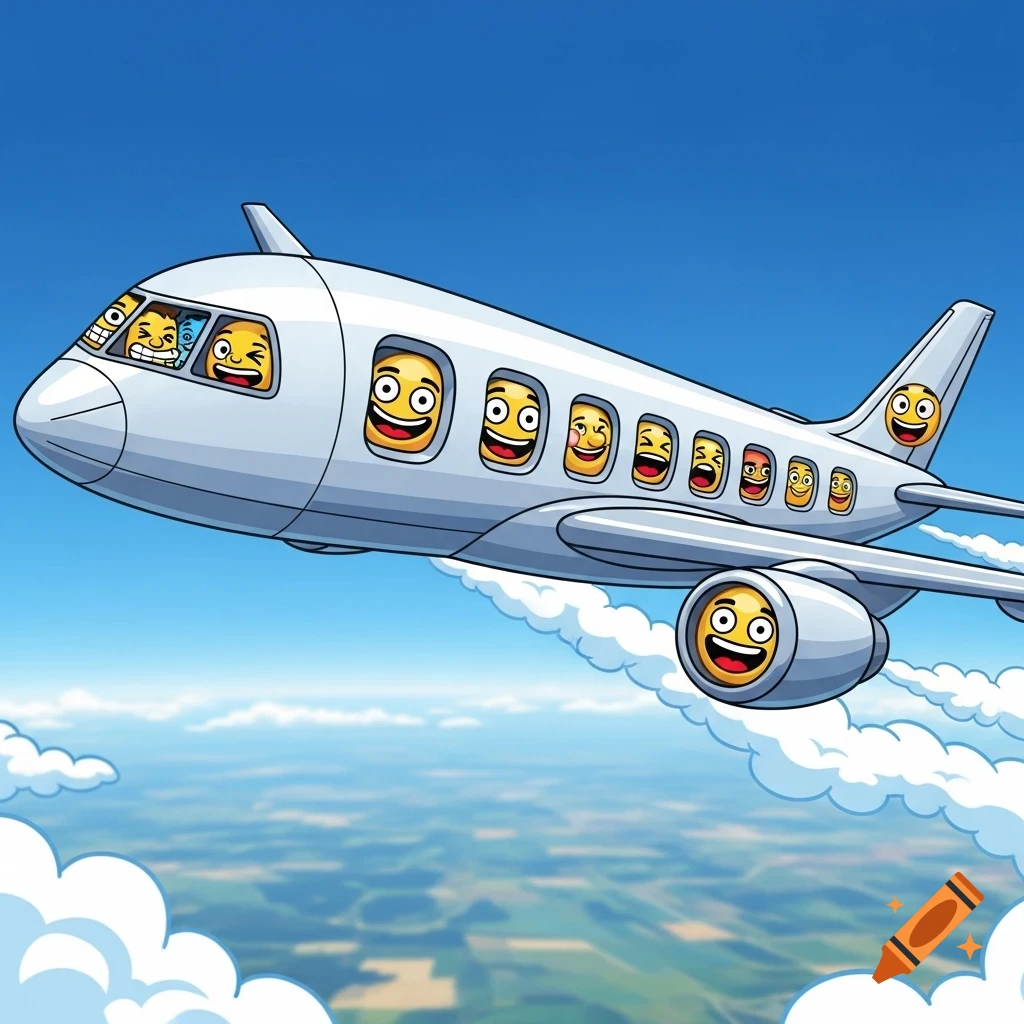 A cartoon airplane with various emoji faces in its windows, engine, and tail, flying in a blue sky above clouds and green land.