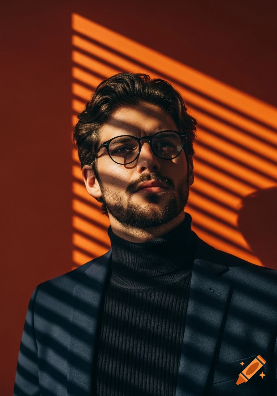 Close-up portrait of a man in glasses, black turtleneck, and blazer, with dramatic striped shadows on an orange background.