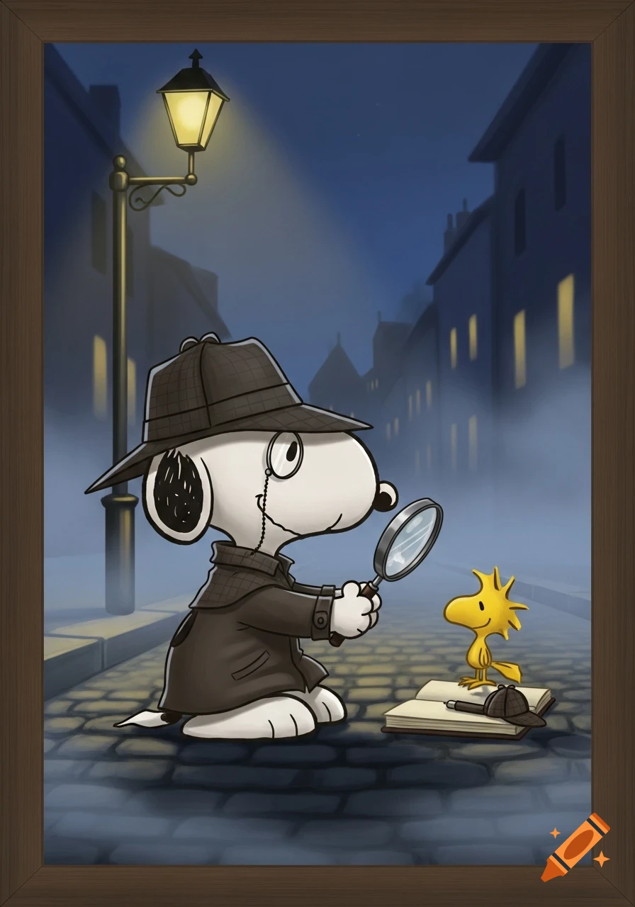 Snoopy as a detective in a trench coat and deerstalker hat, examining Woodstock with a magnifying glass on a foggy, gaslit cobblestone street.