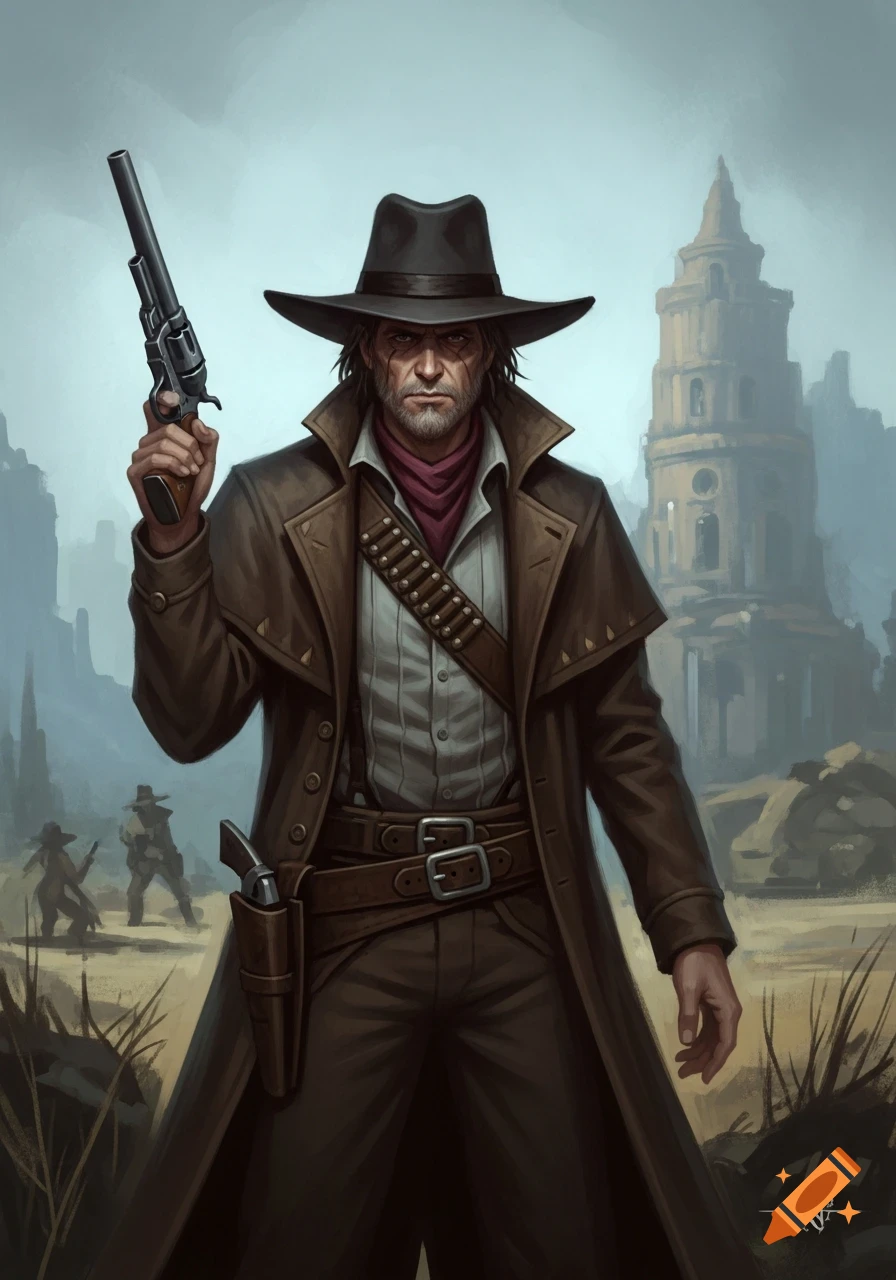 A stern gunslinger in a duster coat and hat holds a revolver in a Wild West fantasy landscape, digital painting.