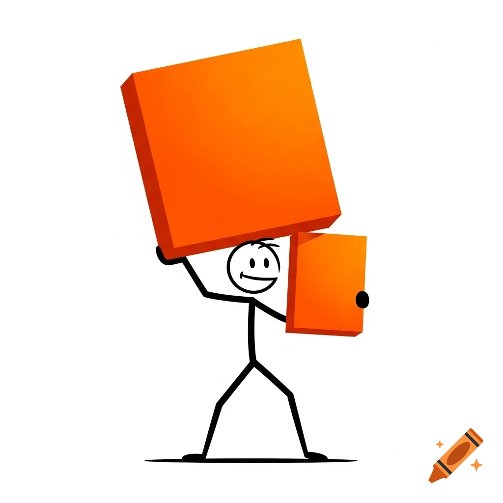 A smiling stick figure carries a large orange square on its head and a smaller orange rectangle with a black knob in one hand.