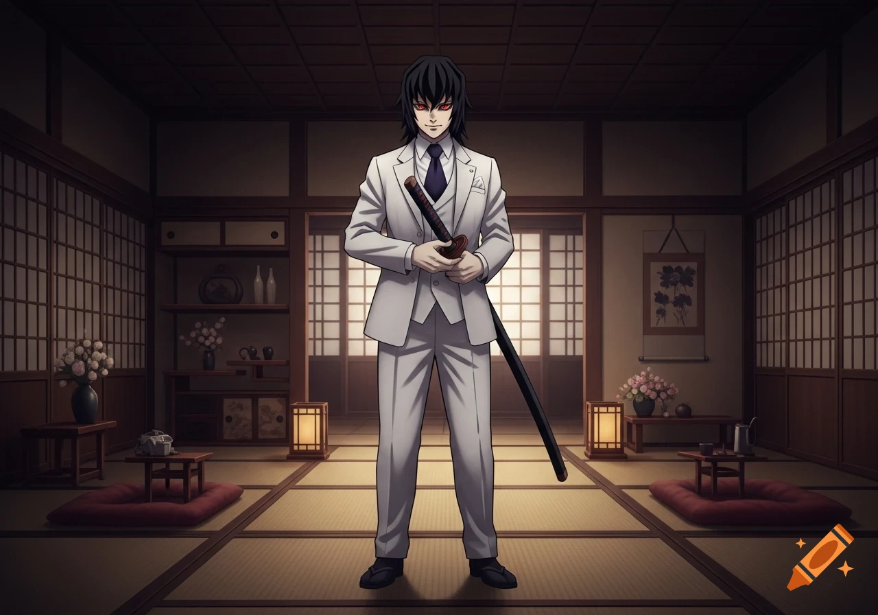 An anime man with dark hair and red eyes in a white suit, holding a katana in a traditional Japanese room.