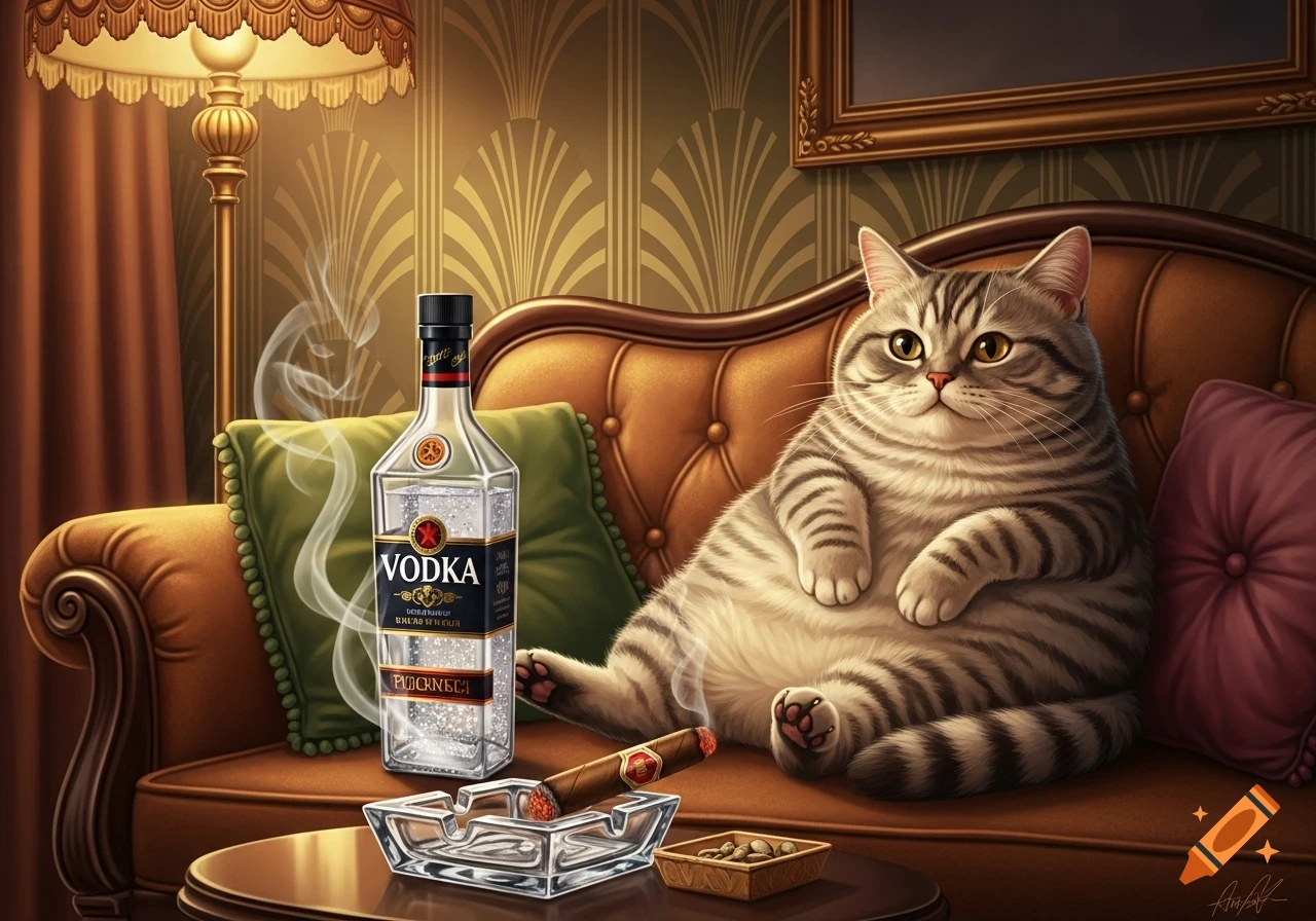 A fat tabby cat relaxing on a brown couch next to a vodka bottle, a lit cigar in an ashtray, and a lamp in an opulent room.