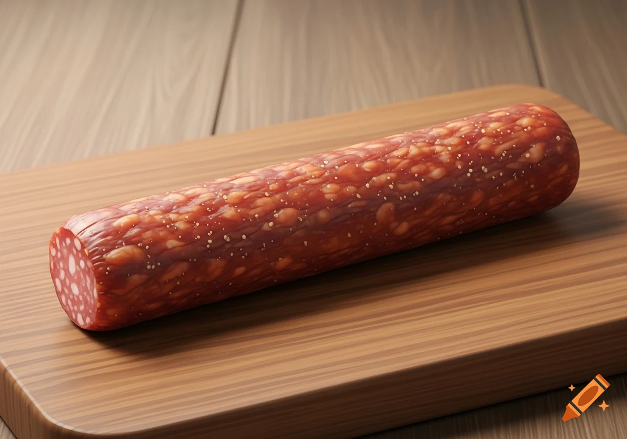 A single, cylindrical pork meat stick with seasoning specks rests on a wooden cutting board.