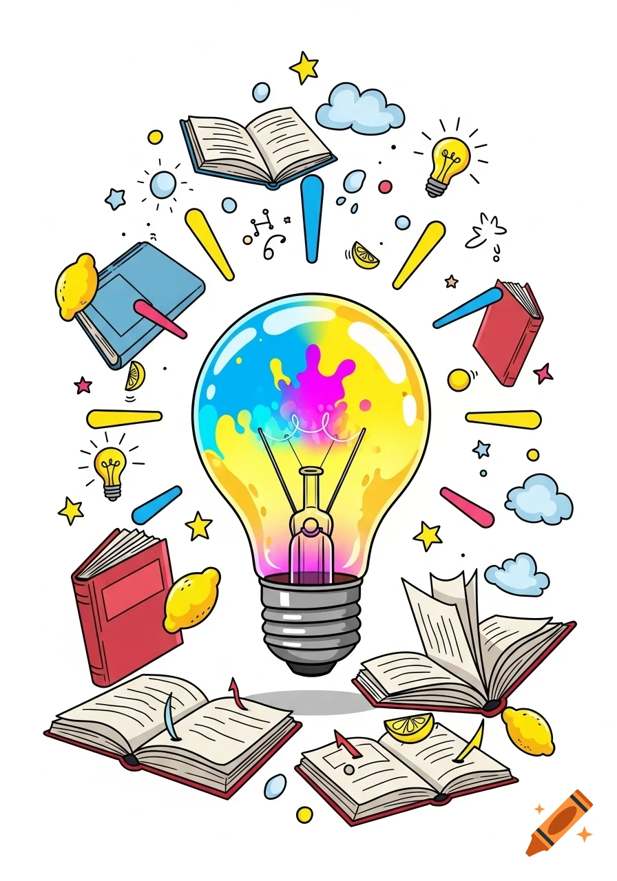 Vibrant, cartoonish illustration of a colorful lightbulb surrounded by floating books, lemons, and playful doodles.