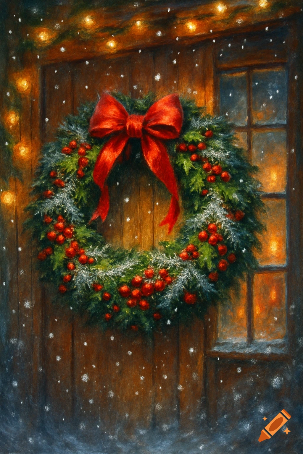 Painterly festive green wreath with red bow and berries on a wooden door, with warm lights and falling snow.
