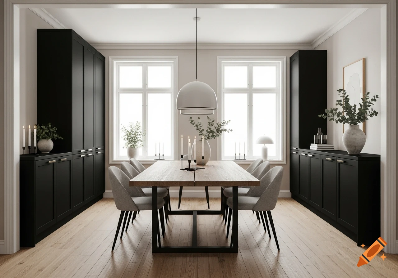 Photorealistic Scandinavian dining room with a long wooden table, grey chairs, and black built-in cabinets.