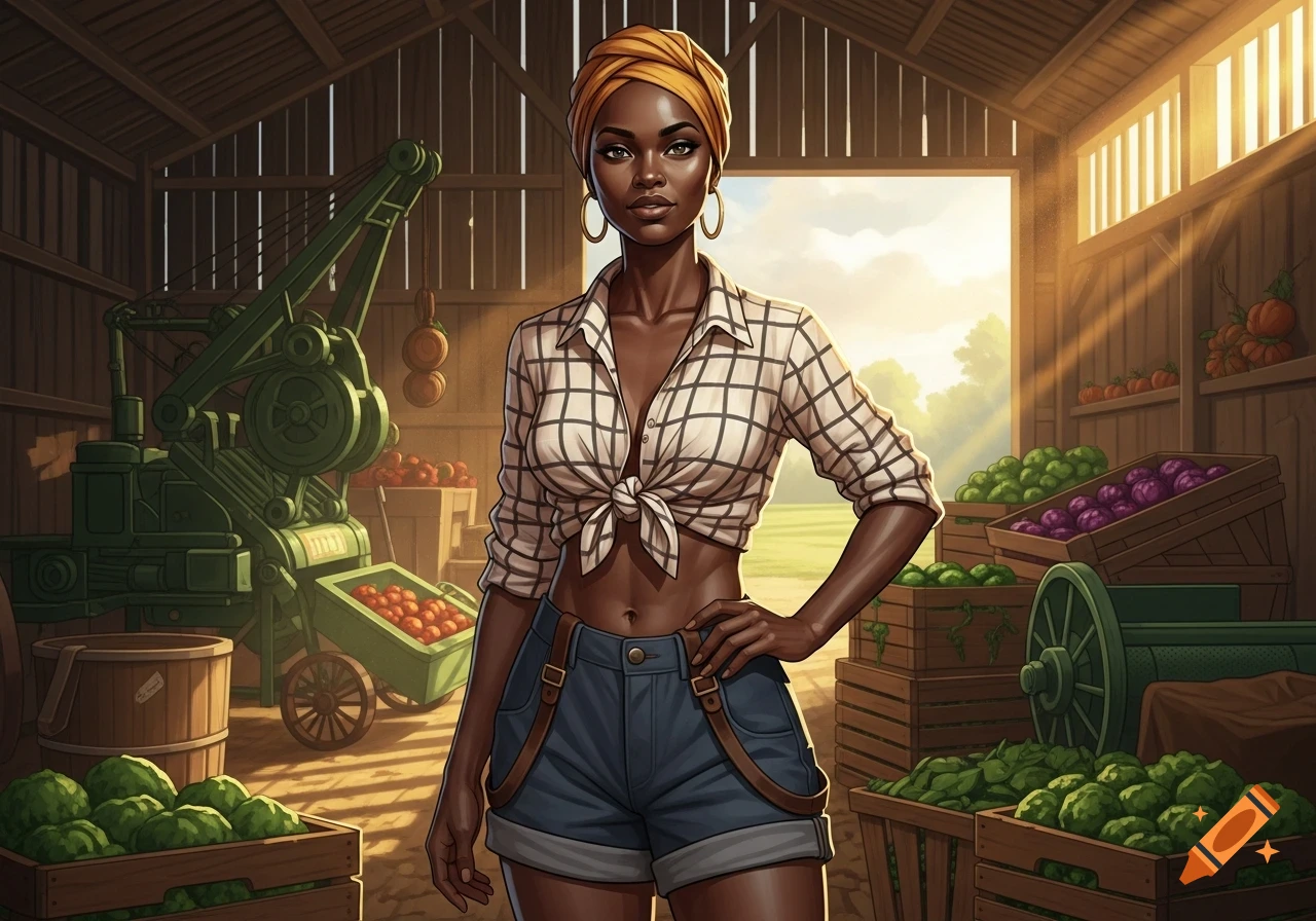 Digital art portrait of an African woman farmer in a barn, wearing a plaid shirt and shorts, surrounded by produce and farm equipment.