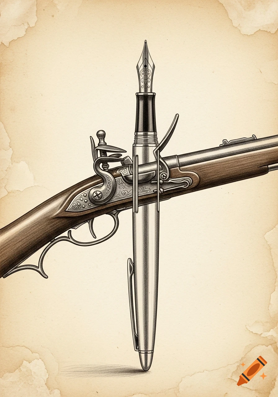A detailed sketch of a flintlock rifle seamlessly transforming into an elegant antique ink pen against a textured, light background.