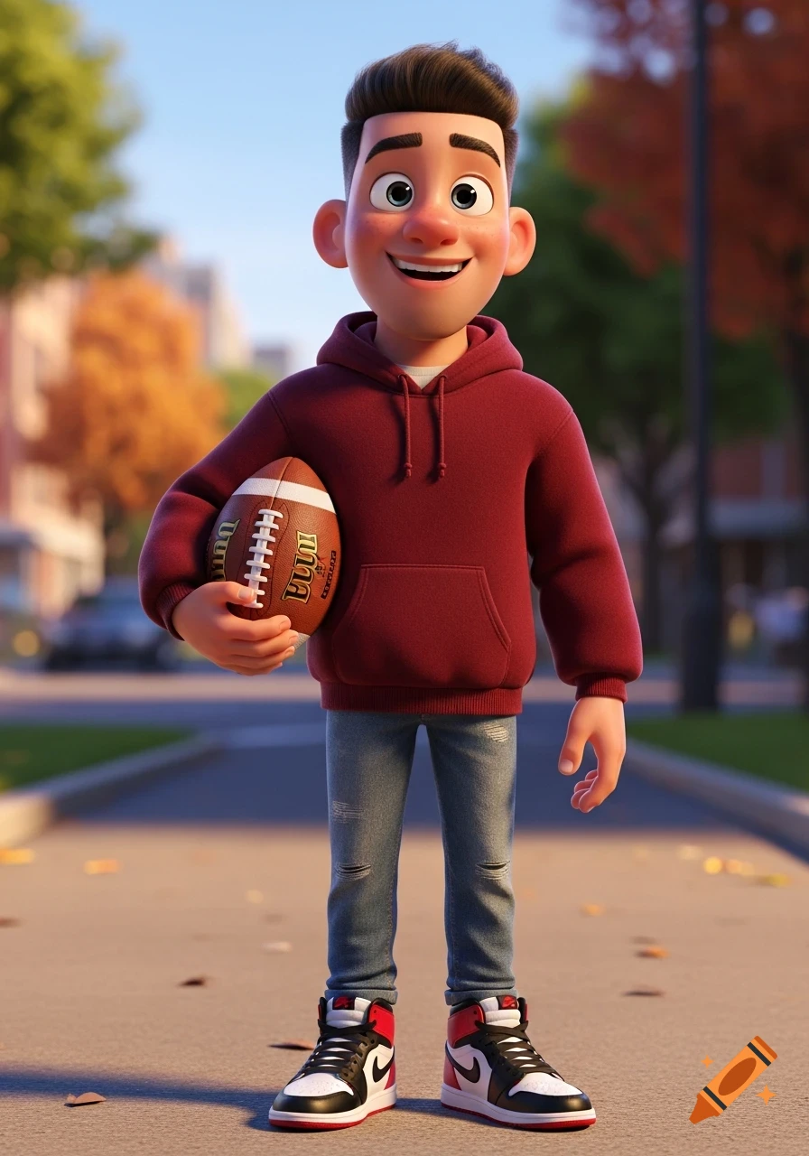 A smiling 3D Pixar-style boy in a red hoodie and jeans holds a football on a sunny street.