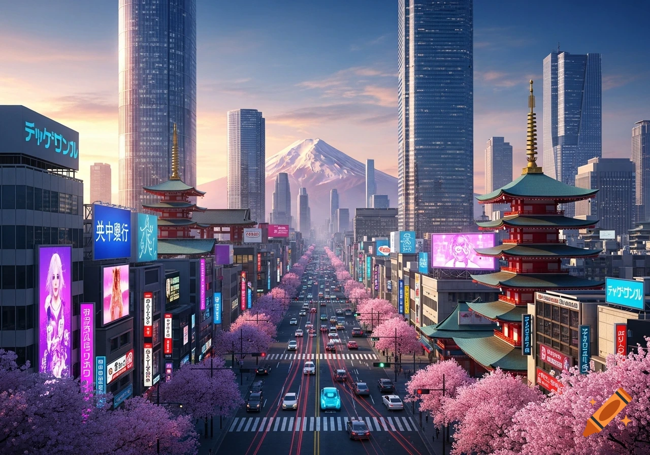 A vibrant, futuristic Tokyo cityscape at sunrise, with Mount Fuji in the distance. The street is lined with cherry trees in full bloom and neon signs.