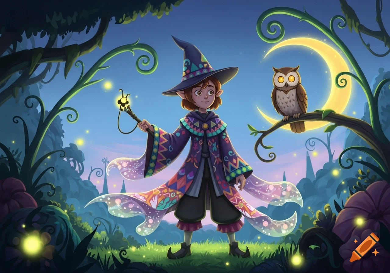 A cartoon elf-like wizard in a colorful cloak holds a glowing staff, standing with an owl on a branch under a crescent moon in a magical forest.