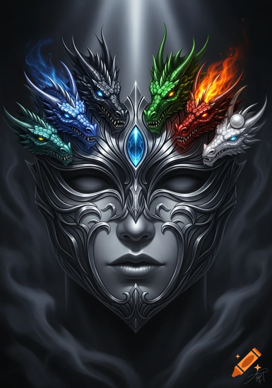 A detailed silver mask with a blue gem on its forehead, adorned with five dragon heads in blue, black, green, red, and white.