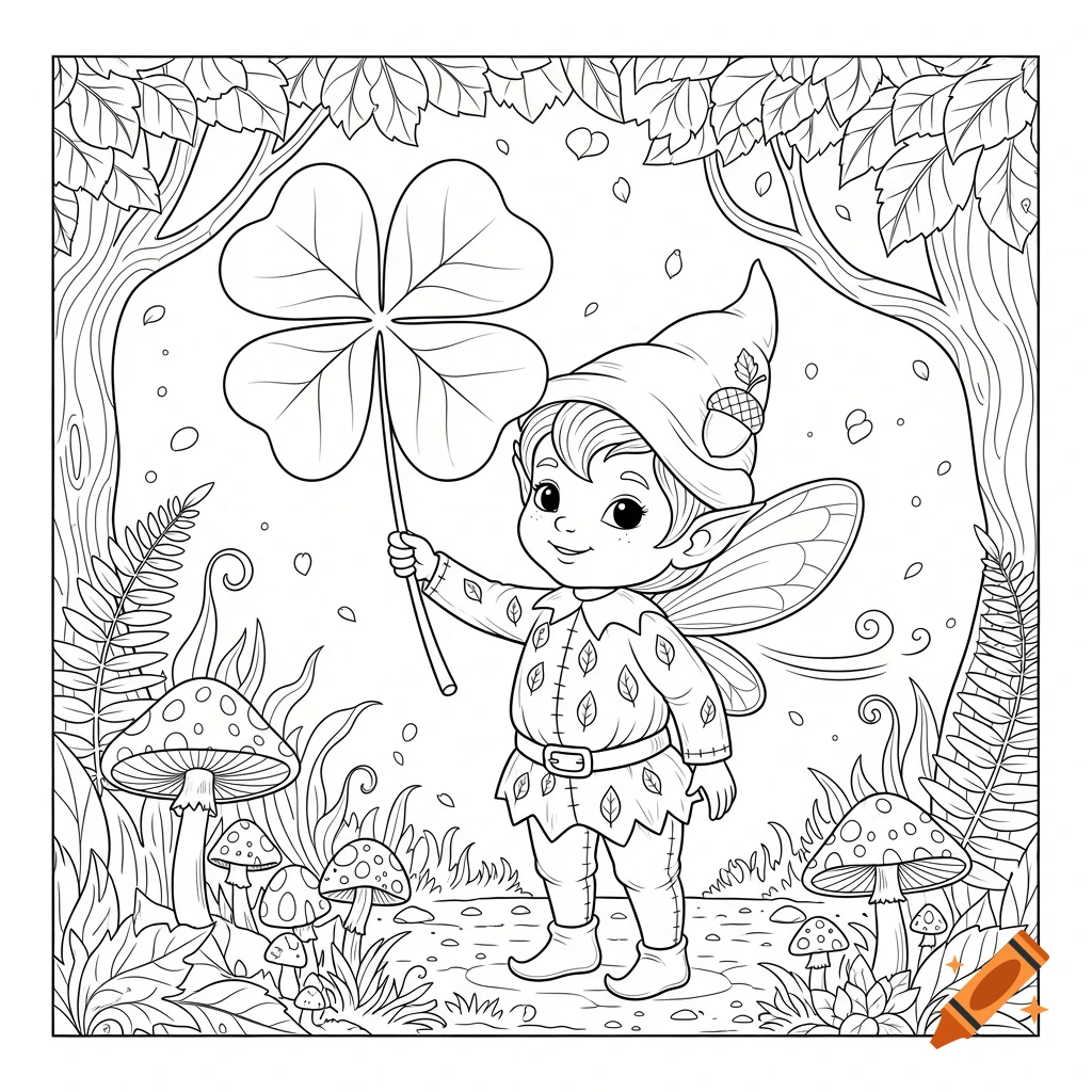 Black and white coloring page of a cute gnome holding a large four-leaf clover in an enchanted forest with mushrooms.