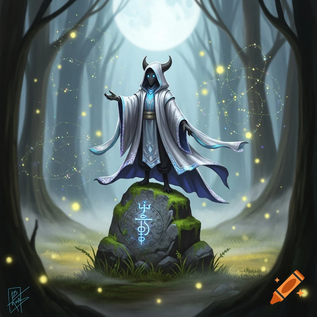 A horned figure in a white and blue robe stands on a mossy rock in a ...