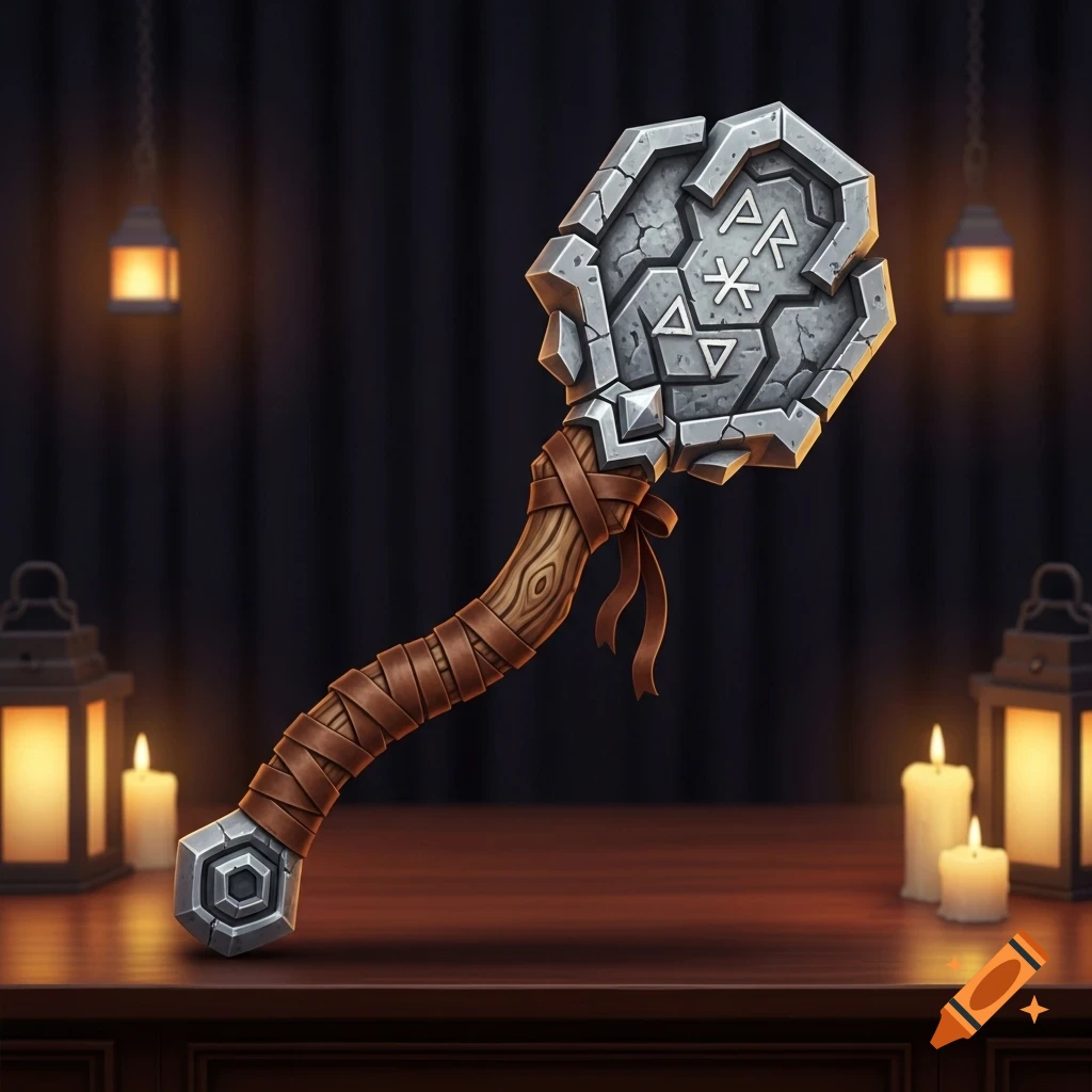 Stylized stone mace with a leather-wrapped wooden handle and carved runes, rests on a wooden table amidst lit lanterns and candles in a dark room.