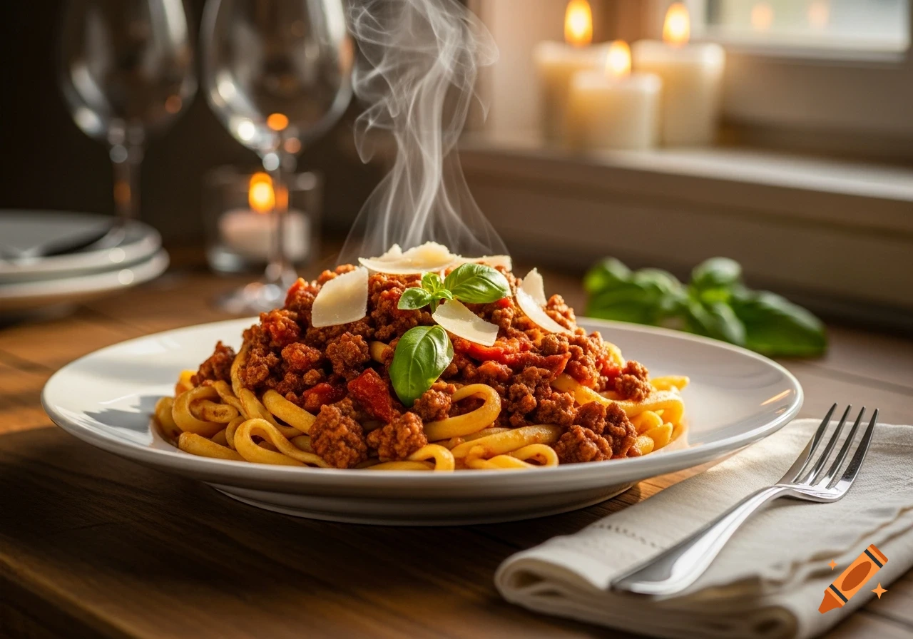 Steaming plate of spaghetti bolognese with basil and parmesan, set in a cozy restaurant with wine glasses and lit candles.