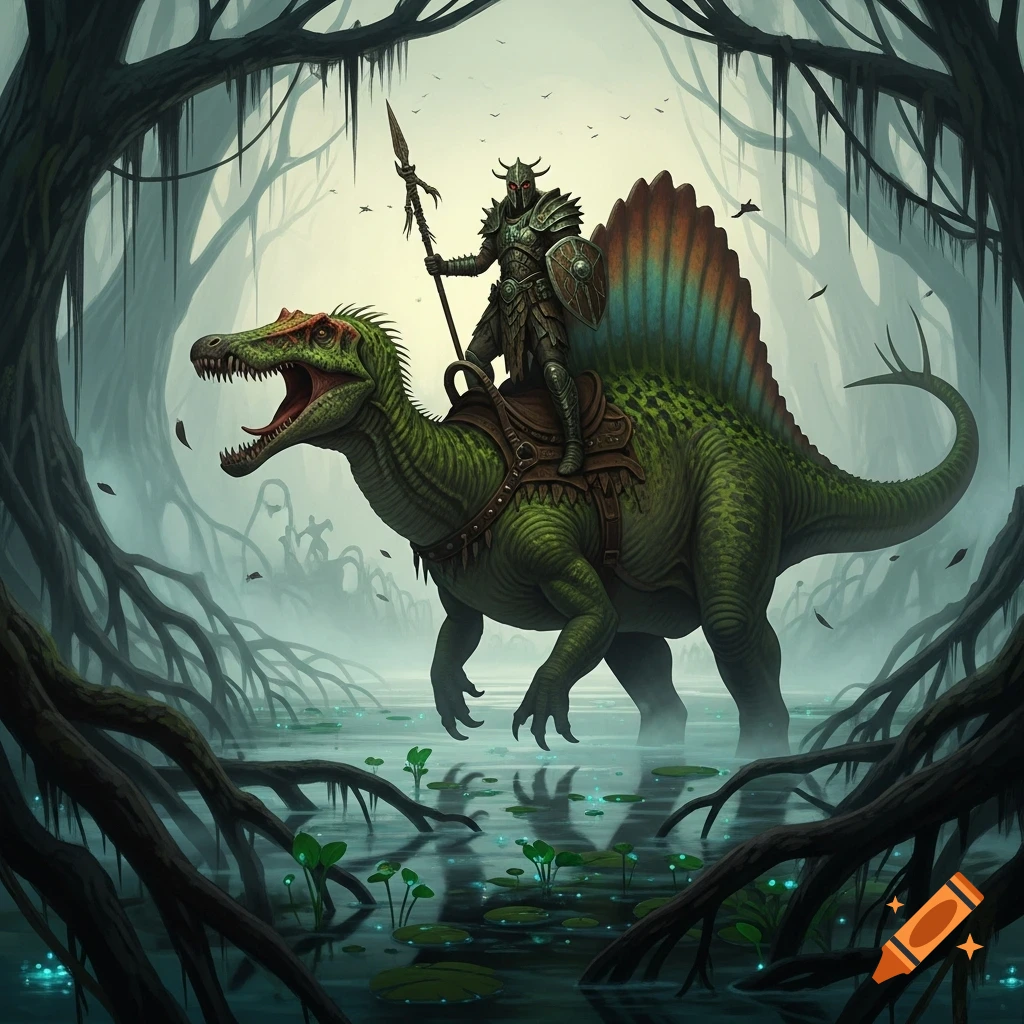 A formidable armored warrior rides a large green spinosaurus through a misty, root-filled swamp.