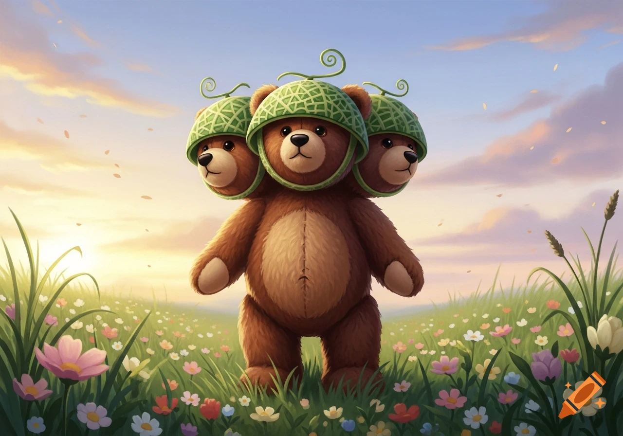 A cute three-headed teddy bear wearing green melon helmets stands in a field of colorful wildflowers under a sunset sky, digital illustration.