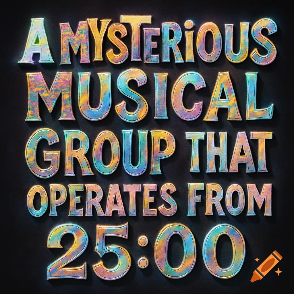 Colorful, textured 3D letters spell 'A MYSTERIOUS MUSICAL GROUP THAT OPERATES FROM 25:00' on a dark background.