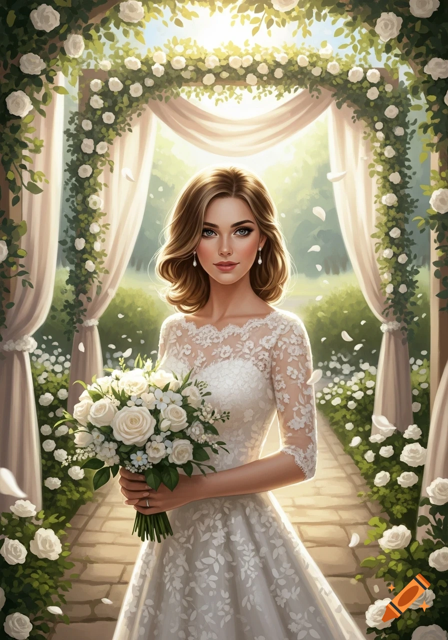 A beautiful bride with brown hair holding a white rose bouquet under a floral archway in a sunny garden, looking at the viewer.