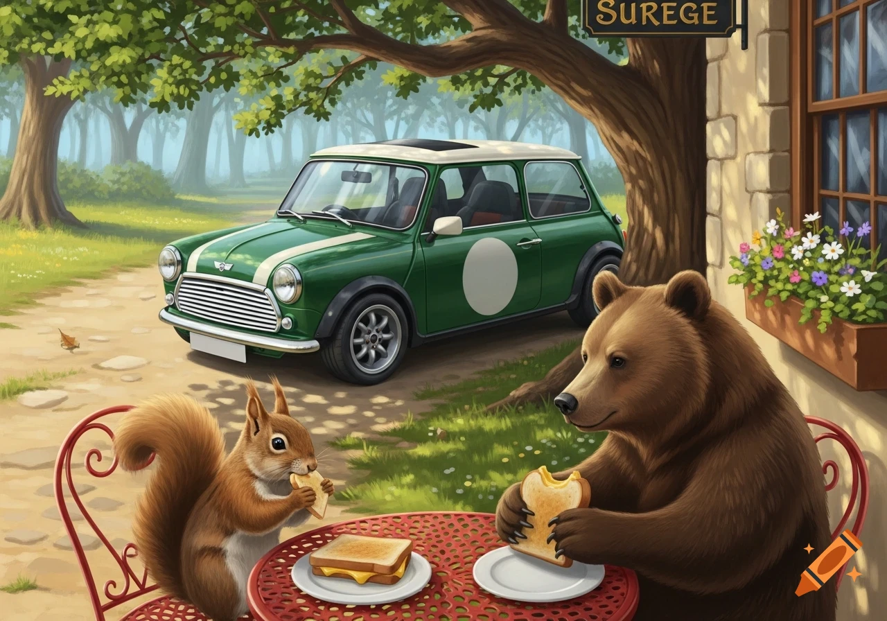 An illustrative image of a squirrel and a bear eating cheese toasties at an outdoor cafe with a green Mini Cooper parked nearby.