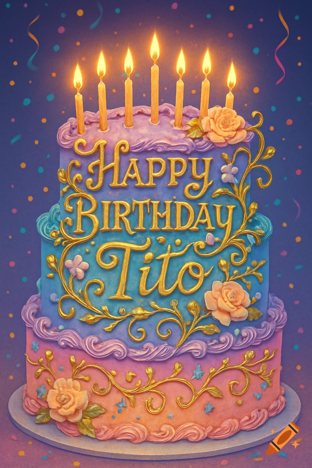 A vibrant three-tier birthday cake with lit candles, pastel frosting, golden swirls, roses, and the words 'Happy Birthday Tito'.