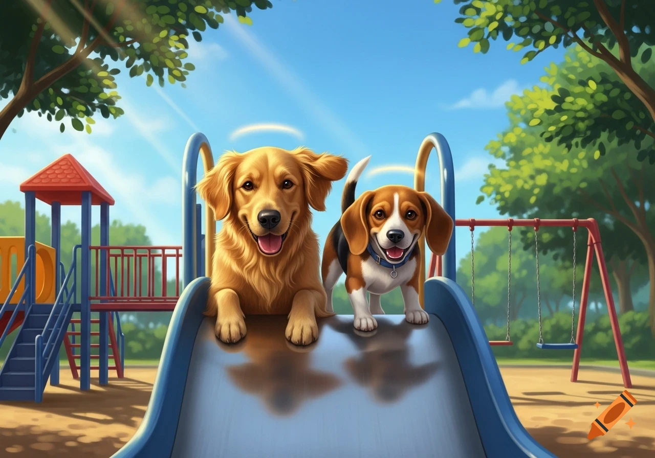 A happy golden retriever and a beagle on a blue slide in a sunny park playground, with swings and a climbing frame.