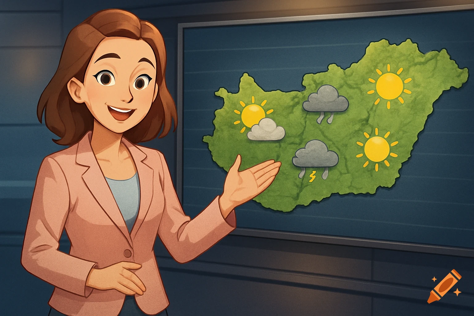 Cartoon illustration of a smiling woman in a blazer presenting a weather report next to a map of Hungary with sun and clouds.