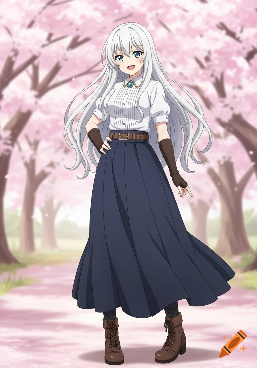 Anime woman with long white hair, blue eyes, white ruffled blouse, dark blue skirt, brown boots, and fingerless gloves, smiling under cherry blossom trees.