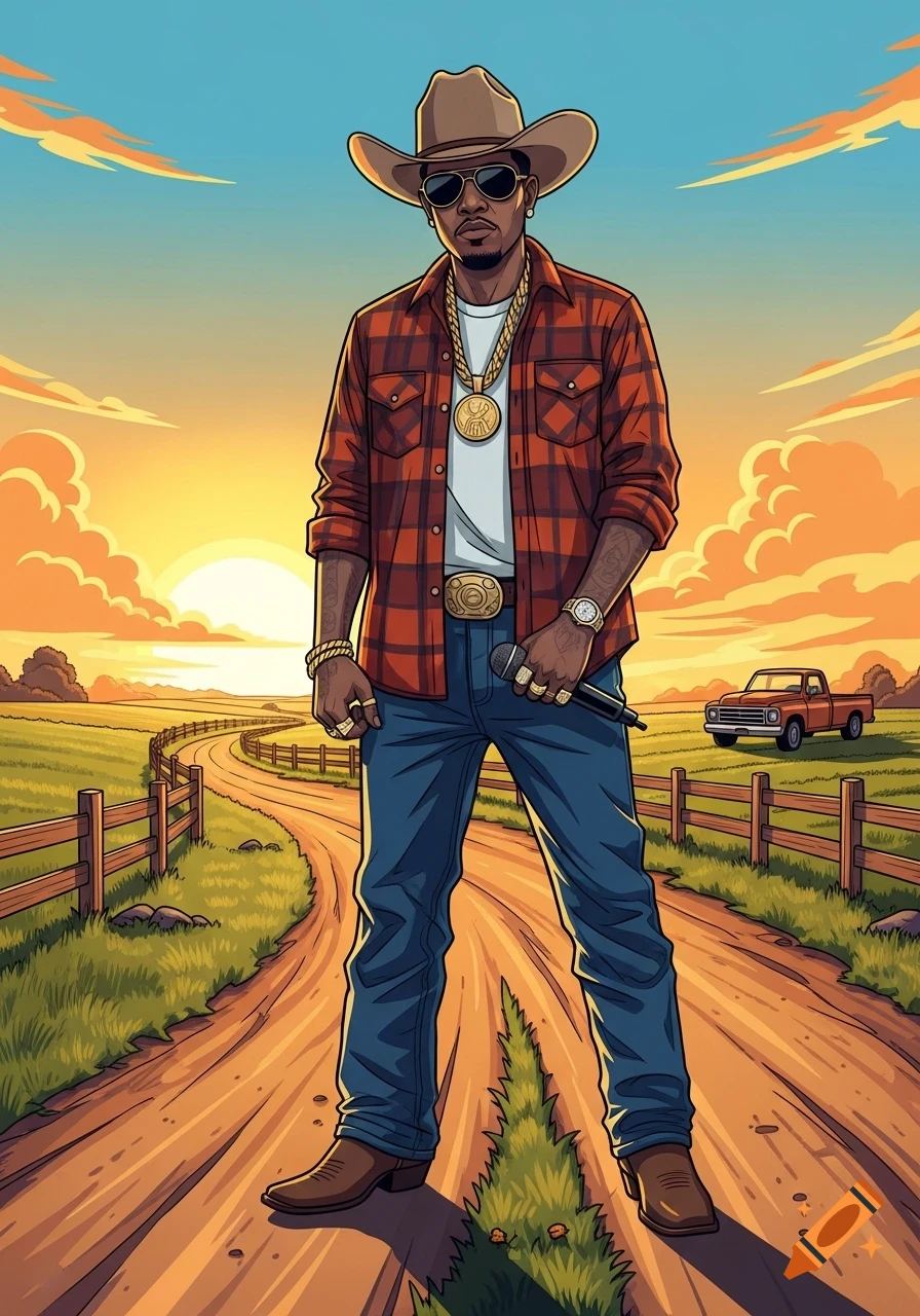 Stylized illustration of a country rapper in a cowboy hat and flannel, holding a microphone on a dirt road at sunset.