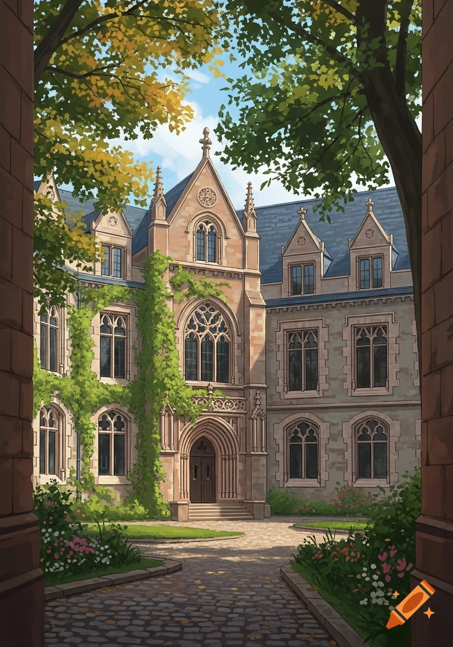 An illustration of an old gothic college building with ivy on its walls, surrounded by trees, viewed from a cobbled courtyard.