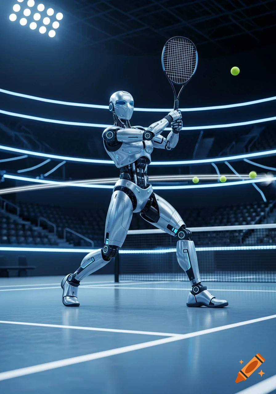 A sleek silver and blue robot plays tennis on a futuristic dark court with glowing blue lines, holding a racket mid-swing as a tennis ball flies.