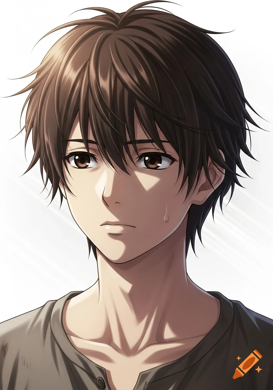 Anime portrait of a thoughtful teenage boy with messy brown hair, deep brown eyes, and a sweat drop, wearing a grey shirt under cinematic lighting.