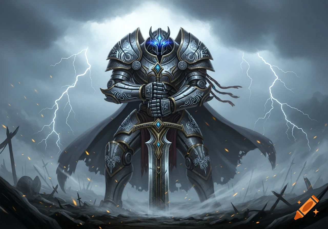 A heavily armored warforged robot with glowing blue eyes wields a great sword amidst a stormy battlefield with lightning.
