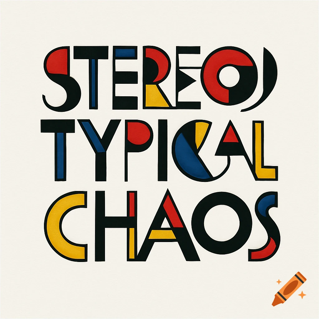 Stylized geometric text spelling 'STEREOTYPICAL CHAOS' in red, blue, and yellow on a cream background, Bauhaus style.