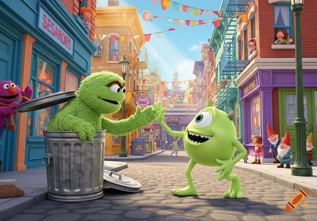 Oscar the Grouch high-fives Mike Wazowski on a bustling, colorful animated city street.